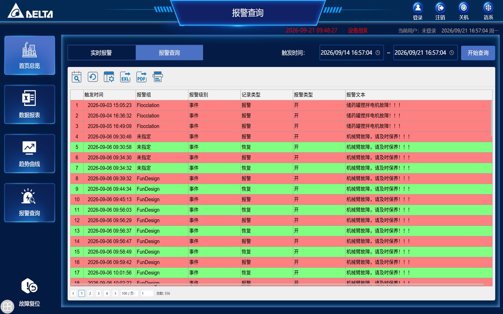 Real-time and historical alarm query